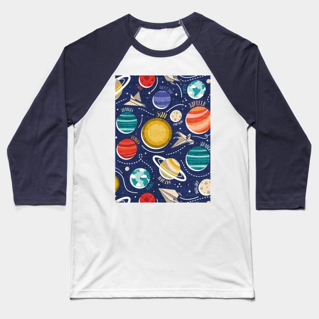 Paper space adventure I // pattern // navy blue background multicoloured solar system paper cut planets origami paper spaceships and rockets Baseball T-Shirt by SelmaCardoso